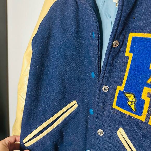 Vintage Hatchers Blue Gold 60s Letterman H University Leather Wool Jacket size S - Picture 11 of 12